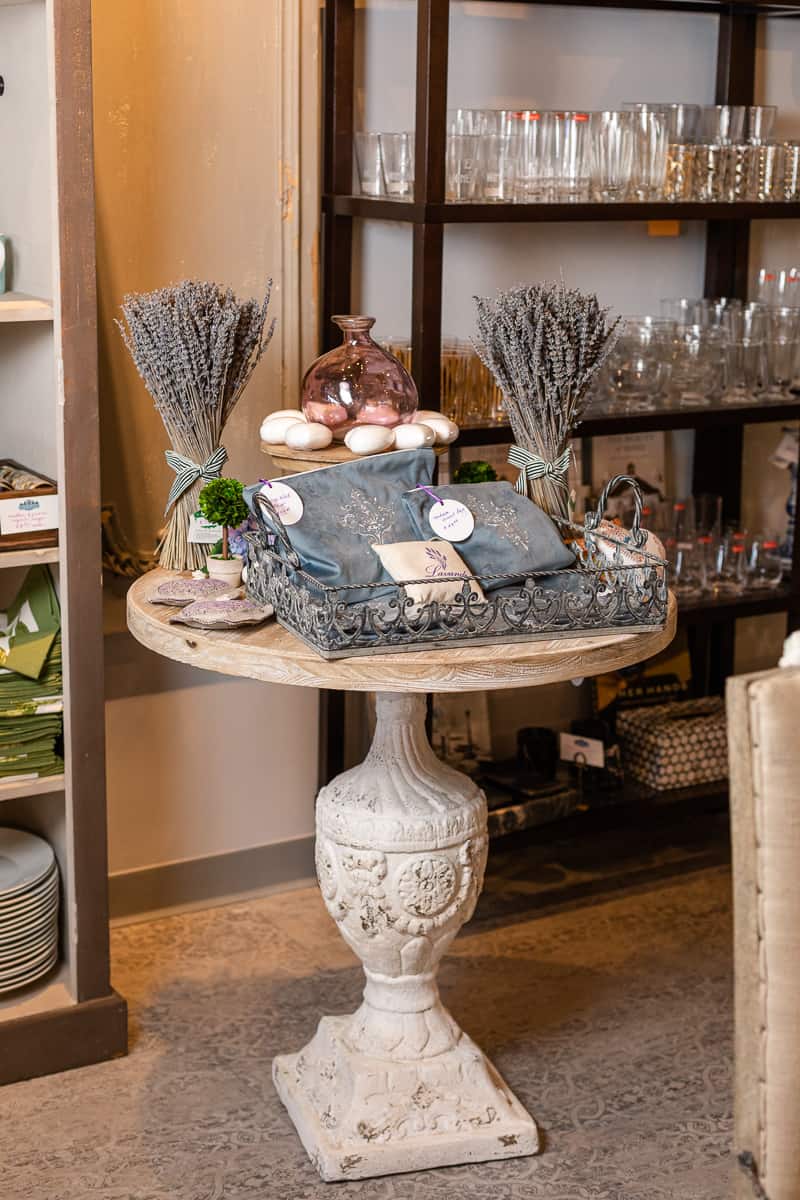 display of lavender and scented soaps on table